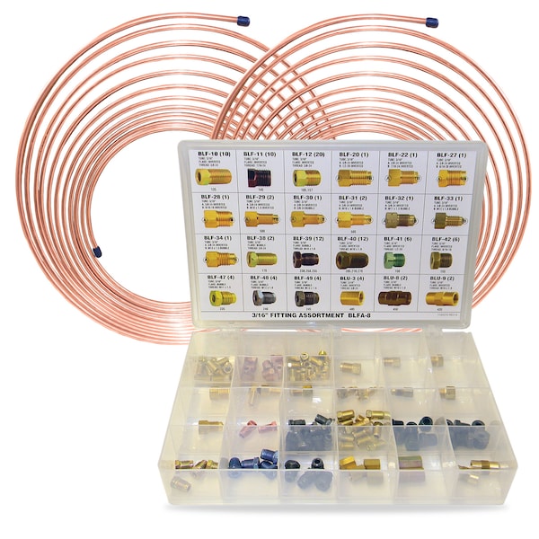 Brake Line Coil and Fitting Assortment Kit, 3/16" x 25', 2 Coils